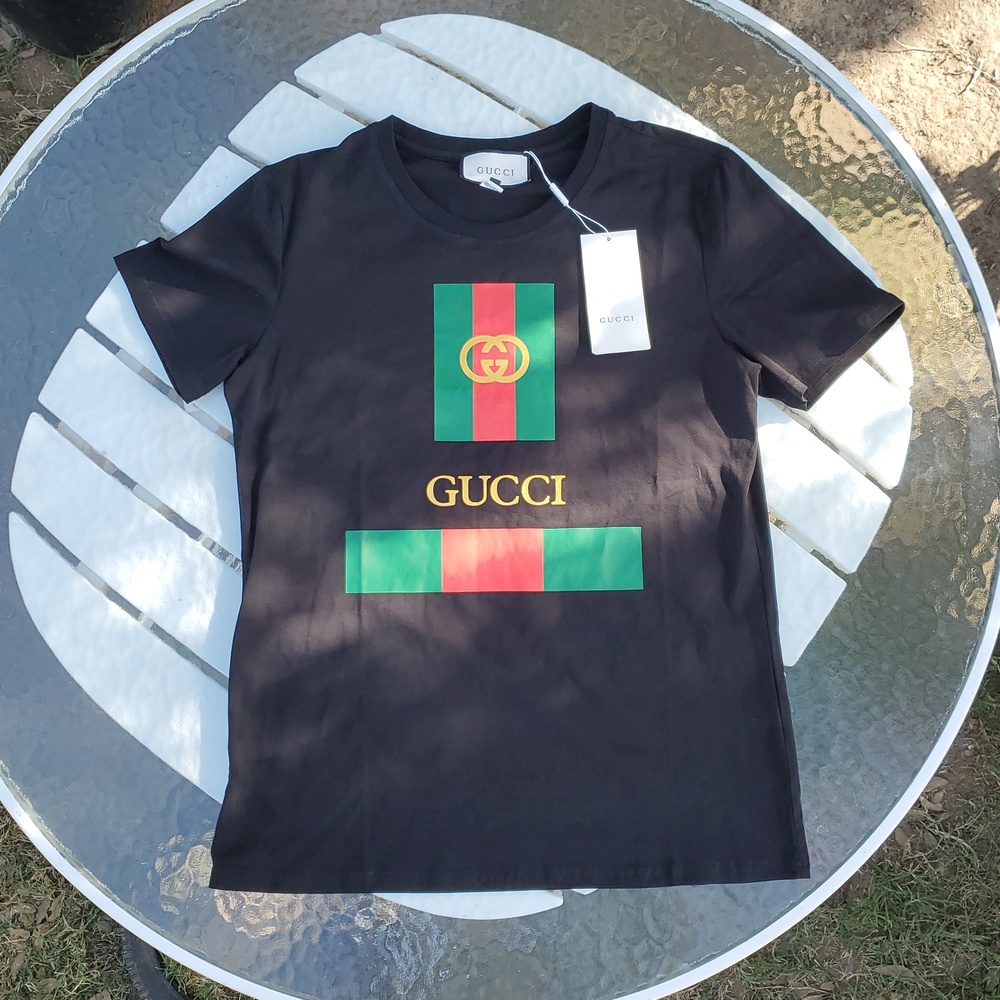 GUCCI STRETCH MEN'S TEE SHIRT BLACK W/ PRINT LOGO 2XL MADE IN ITALY NWT